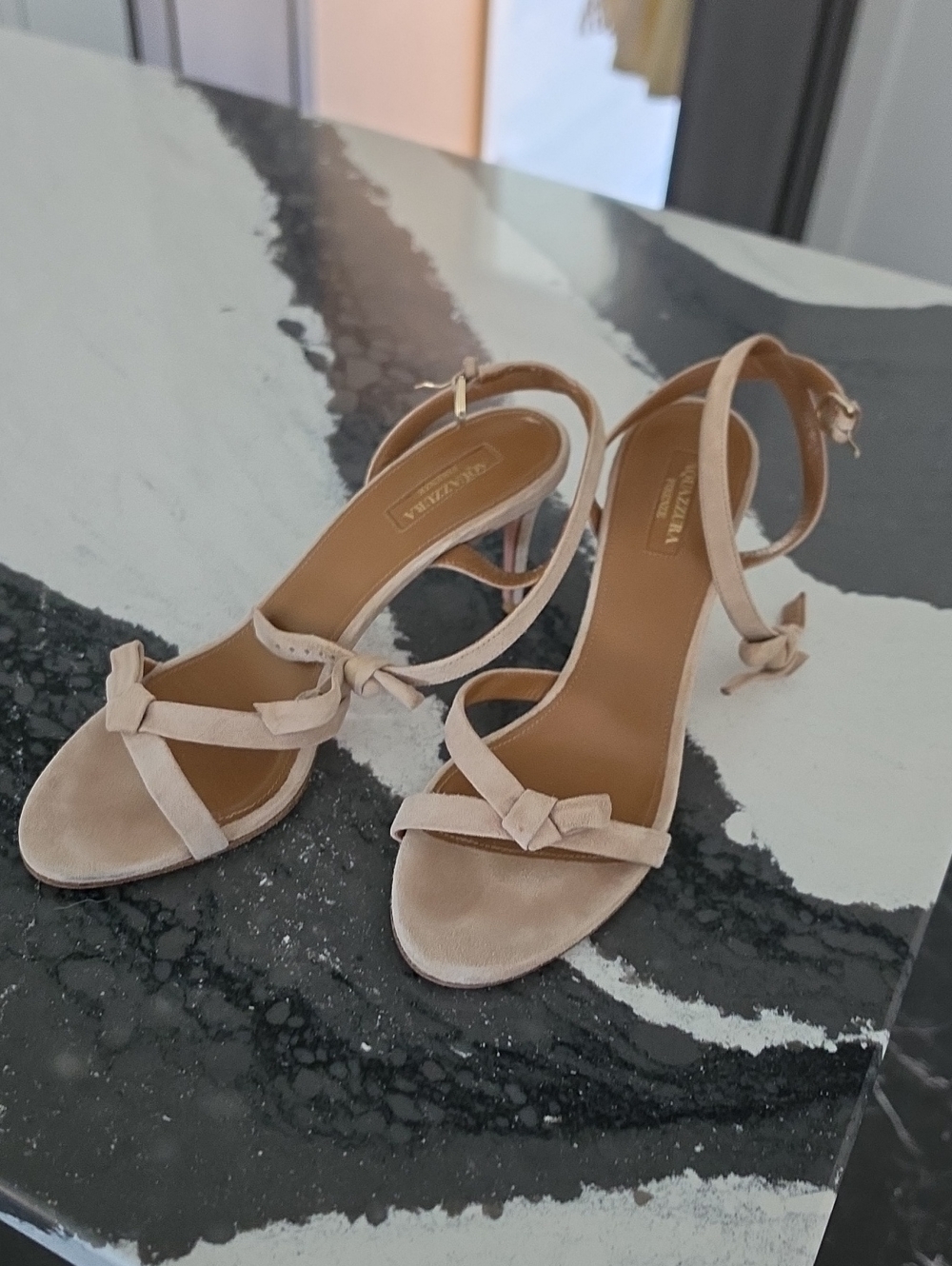Aquazzura Nude Bow-Strap Suede Heeled Sandals